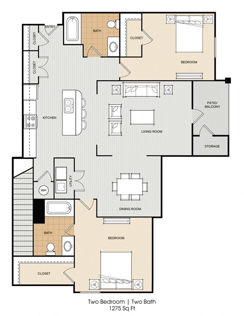 Floor plan for 2 beds, 2 baths, 1275 sqft